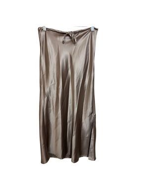 Dress Forum Taupe Satin Slip Midi Skirt with Slit and Drawstring Waist
